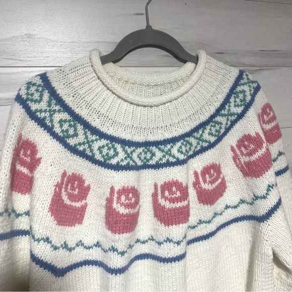 𝅺vintage Women’s Hand Knit Crew Neck Fair Isle Nordic Ski Sweater White - Picture 3 of 7